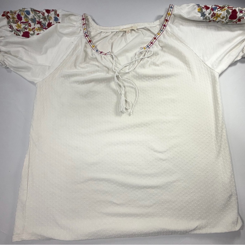 Peasant Blouse Cream Embroidered Floral Women’s XL Boho Cottagecore Top